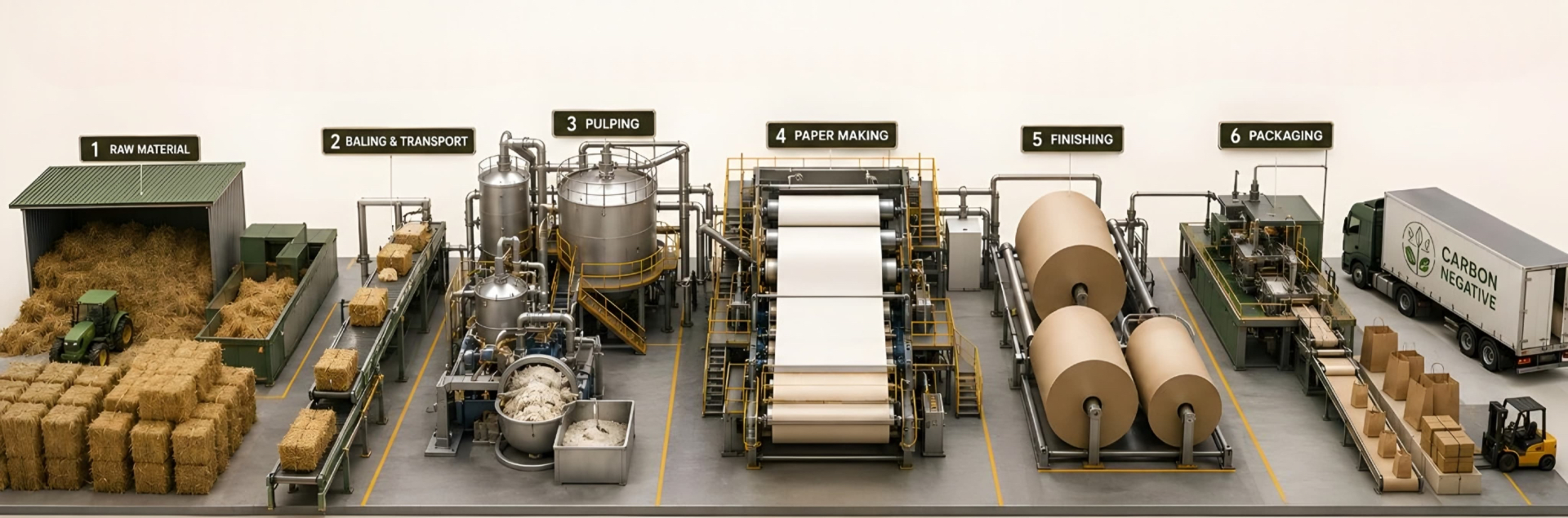 Paper manufacturing production line: raw material, baling & transport, pulping, paper making, finishing, packaging