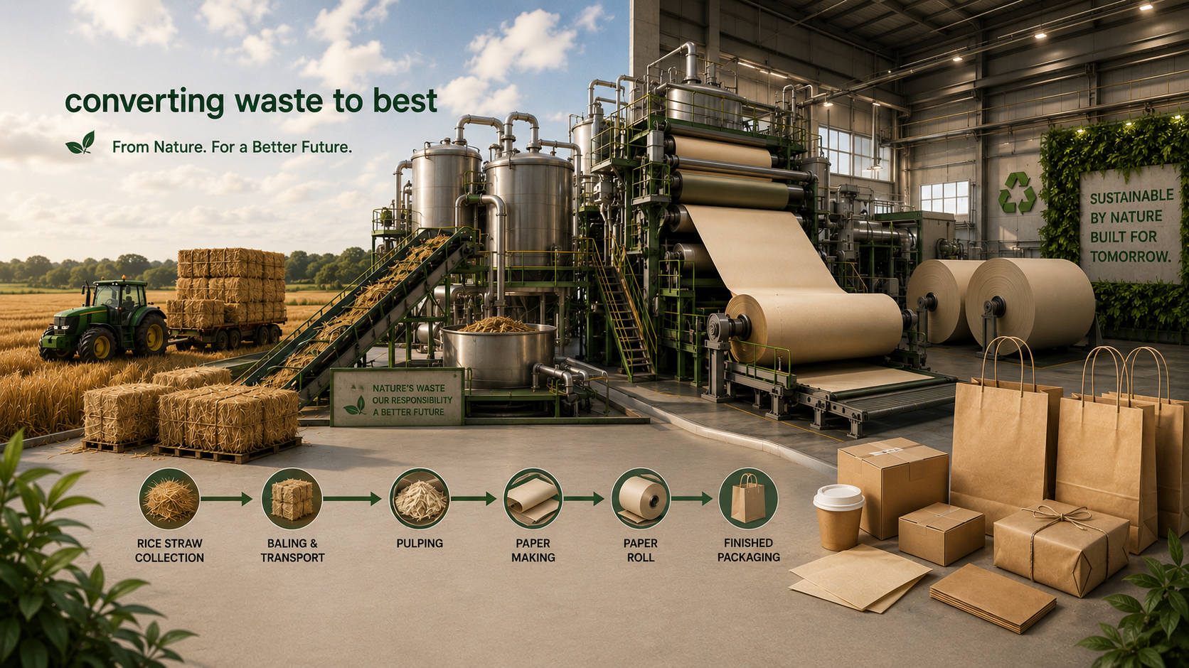 Carbon Negative production line — from rice straw collection to finished packaging